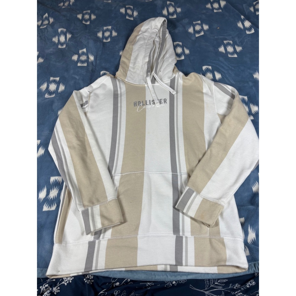 Hollister California Striped Pullover Hoodie Tan Cream Grey Mens Medium